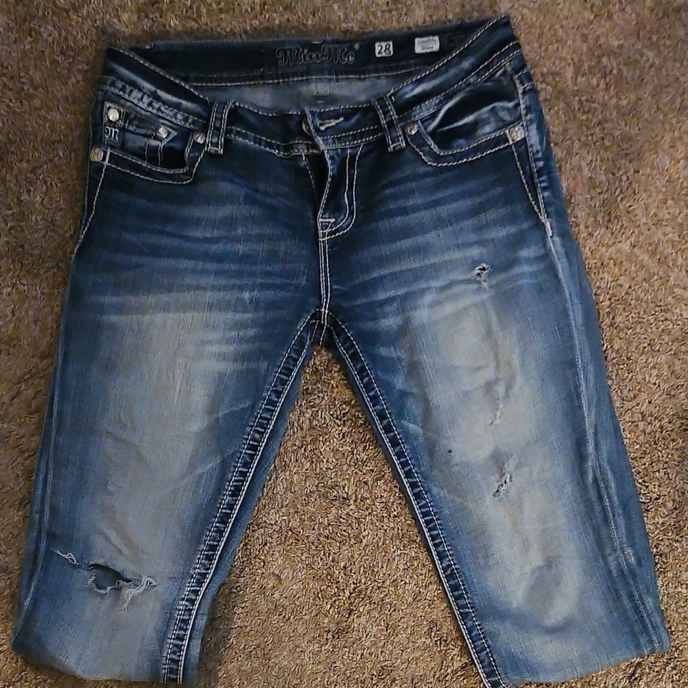 Miss Me Blue Ankle Cropped Jeans Distressed Design